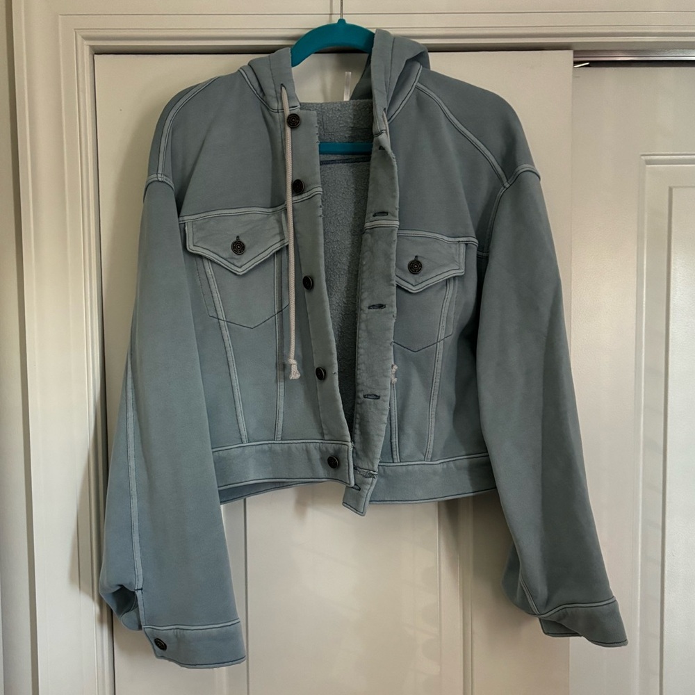 Free people denim hoodie hooded cropped jacket soft knit s small